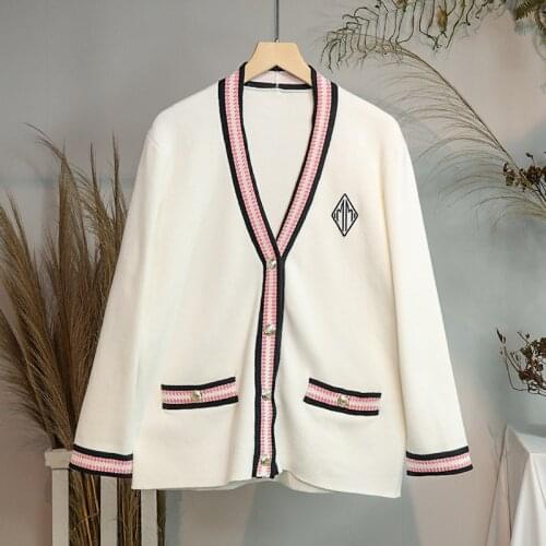 2021 Fall Womens Knitted Cardigan French Brand Puff Sleeve Contrast Color College Style V Tie Badge Casual Cardigan Top