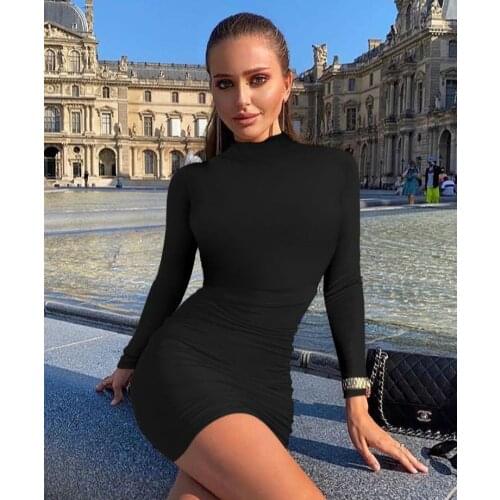 Wantmove 2020 Women Sexy Long Sleeve Party Club Mini Dress Turtleneck Solid Color Back Zipper Ruched Bodycon AM908