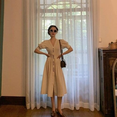 2021 New French Summer Leisure Beach Mid-Length High-Waist Lantern Sleeves V-Neck Waist Casual Button Dress Elegant Women