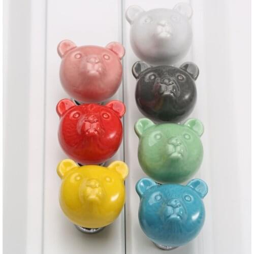 1PC Ceramic Bear Drawer Knobs Colorful Knobs For Children Dresser Cabinet Knobs Blue Red Pink Kitchen Cupboard Pull Handle Decor