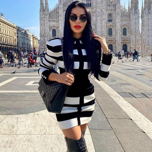 2020 Autumn Winter Fashion Patchwork Striped Dress Sexy Long Sleeve Bodycon Mini Dress Celebrity Evening Party Runway Vestidos