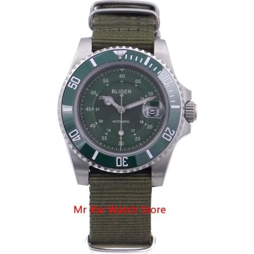 Bliger 40mm Automatic Mechanical Mens Watch Luxury Miyota Movement Watch Luminous Waterproof Nylon Strap Calendar Wristwatch Men