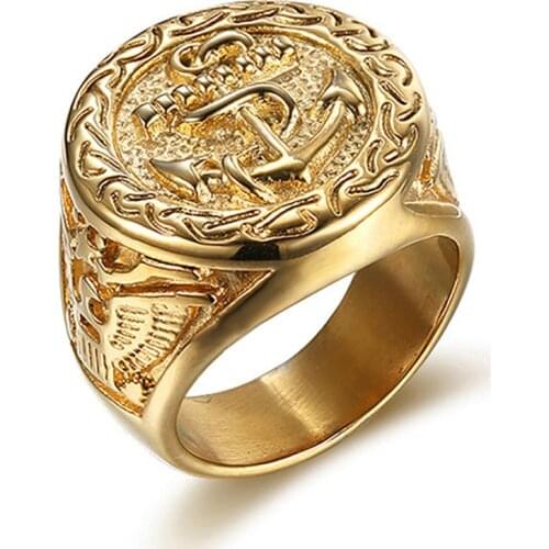 Big Round US Navy Anchor Ring Gold Color Stainless Steel Eagle Badge Men Rings Hip Hop Rock Jewelry Size 7-15