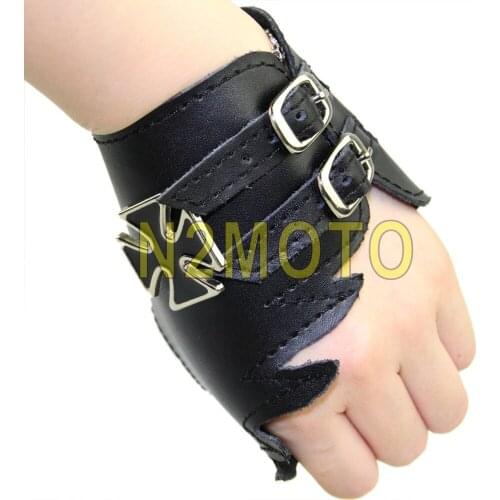 Black Motorcycle Biker Left Hand Fingerless Glove Cool Cross Gloves Universal Adjustable Punk Glove