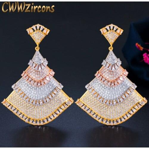 CWWZircons Super Luxury Big Statement Long Dangle Drop African Nigerian 3 Tone Gold CZ Wedding Earrings for Brides Party CZ677