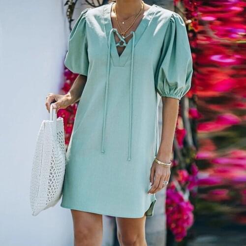 Elegant Women Pufff Sleeve V-Neck Lace-Up Mini Dress Summer Lady Solid Pullover Party Dress Sexy Loose Streetwear Vestido Femme