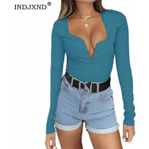 INDJXND Long Sleeve Black Bodysuit V Neck Casual Spring White Body Top Sexy Women Streetwear Plus Size Female Knitted Clothes