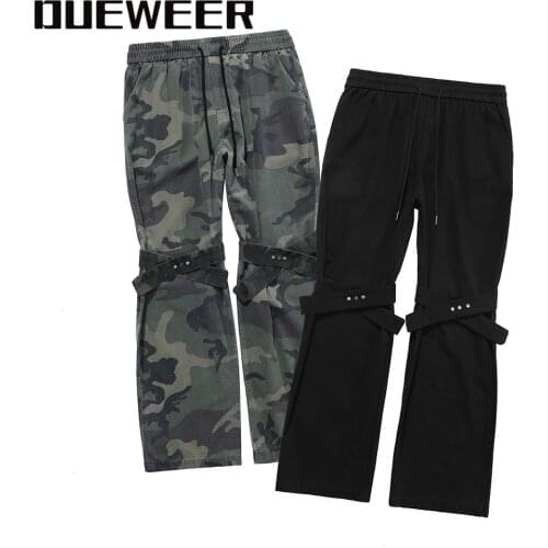 Dueweer Harajuku Camouflage Flare Pants Streetwear Mens Slim Fit Camouflage Cargo Fashionable Ribbons Stretch Wide Leg Trousers