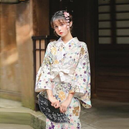 Japanese Women Fashion Tradition Yukata Haori Robe Kimono With Obi Flower Vintage Cosplay Costume Evening Dress One Size FF2351