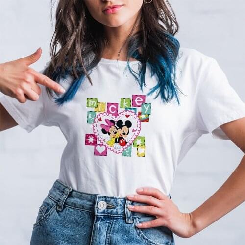 Comfort Women T-shirts Round Neck Disney Mickey And Minnie Mouse Printing Kawaii White Tee Fashion Outdoor Dropship Harajuku Top