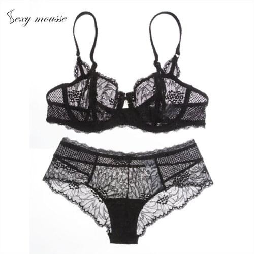 Sexy moussebras and panty sets for women intimates underwear push up lace transparent red black lingerie back closure unlined