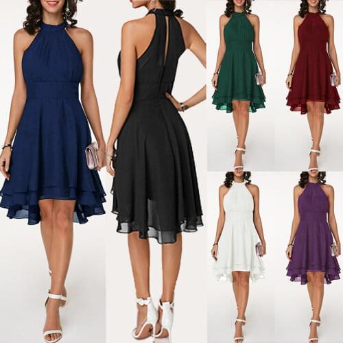 Summer Plus Size Dresses Sexy High Waist Solid Color Halter Sleeveless Dress Ladies Casual Chiffon Cropped Layered Party Dress