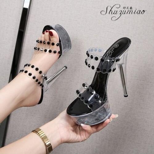 Summer 2021 New Sexy Model Transparent Crystal Shoes Catwalk 13 15 CM Super High Heel Slippers Nightclub Stripper Womens Shoes