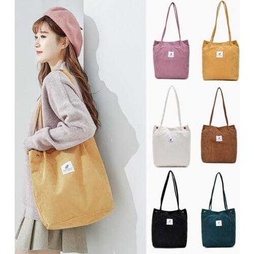 Reusable Women Corduroy Shoulder Bag Foldable Shopping Bags Casual Solid Color Tote Female Handbag
