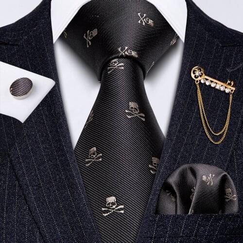 Fashion Designer Brown Skull Men Tie Gold Brooch Silk Tie Handkerchief Set Gift For Men Wedding Business Barry.Wang Necktie