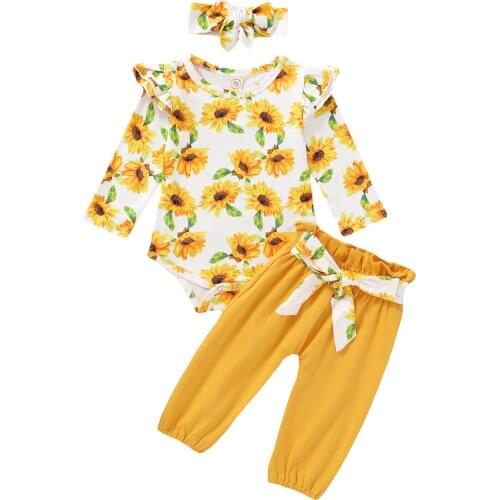 New Autumn Newborn Baby Girl Floral/Leopard Printed Outfits Long Sleeve Romper+ Pants+Bowknot Headband+Waist Belt 2Pcs Set 0-18M