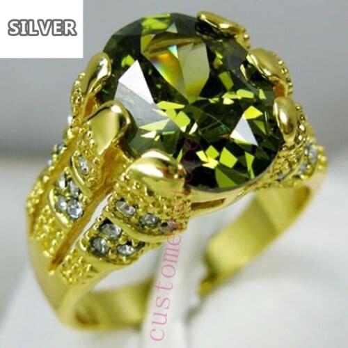 New Fashion Male Peridot Oval Finger Ring Luxury Big Crystal Zircon Stone Ring 14KT Yellow Gold Promise Engagement Rings For Men