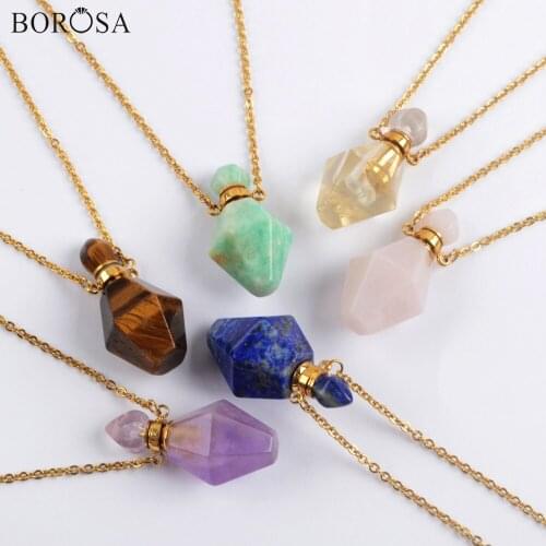 Gold Color Gems Stones Perfume Bottle Pendant Necklace Amazonite Lapis Crystal Essential Oil Diffuser Necklace for Women WX1609