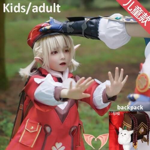 Game Genshin Impact Klee Kid Cosplay Costume Wigs Cap Anime Clothes Halloween Costume for Kids adult Full set Wig shoes backpack