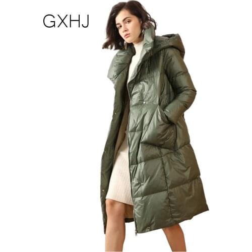 Down jacket womens mid-length 90% white duck down simple over-the-knee hooded thick diagonal pockets пуховики женские зимние