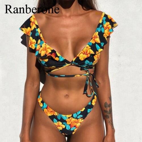 Ranberone 2020 New Sexy Ruffle Women Bukini Backless Swimwear Vintage Bikini Set Push Up Bathing Suit Summer Floral Beachwear