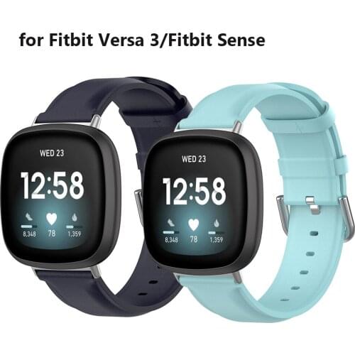 Slim Blue Leather Bands for Fitbit Versa 3 Strap Wristband for Fitbit Sense Bracelet with Metal Adapter Watchband Accessories