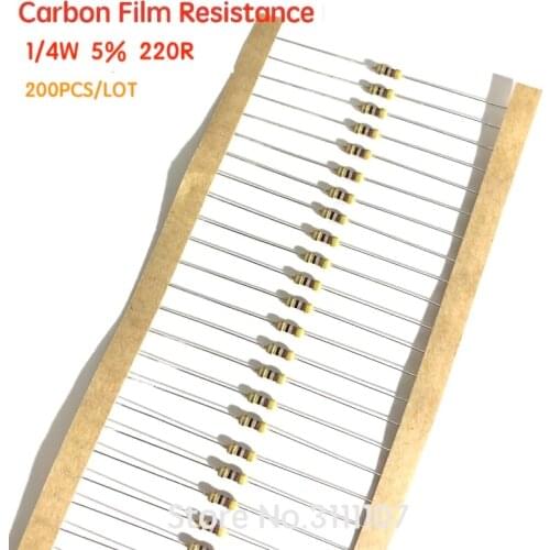 200PCS/LOT Carbon Film Resistors 5% Error 220 ohm 1/4W 220R Ohm Color Ring Resistance