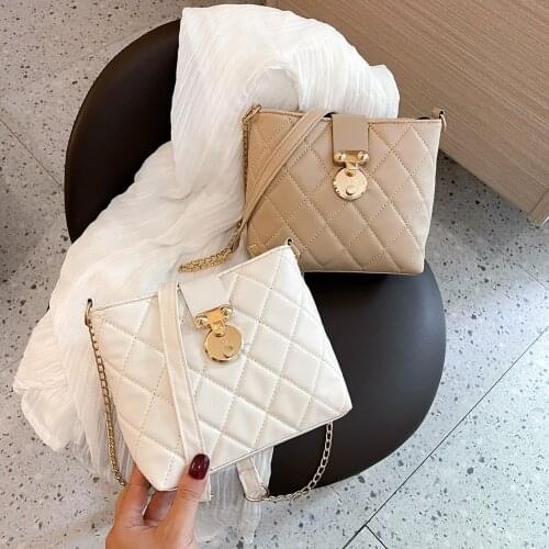 Fashion Chain Crossbody Bag Women Lattice Pattern Bucket PU Shoulder Handbags Popular Simple Female Daily Bag 2020 For Women