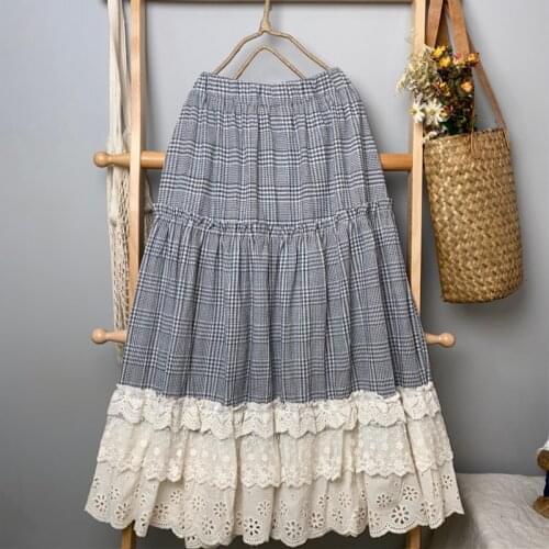 New Summer Japan Style Mori Girl Lace Plaid Skirt Cotton and linen Loose Elastic Waist Mid-length A-line Skirts Women