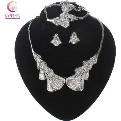 Jewelry Sets Wedding Crystal Flower Fashion Bridal African Silver color Necklace Earrings Bracelet Ring Women Party Sets