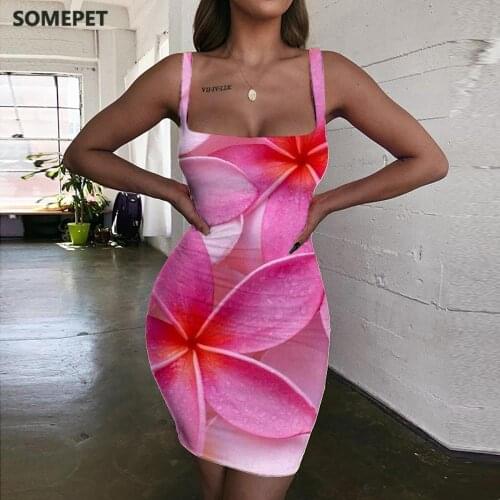 SOMEPET Flowers Dress Women Plum Blossom Vestido Sexy Pink Bodycon Dress Lovely Halter Sleeveless Womens Clothing Plus Size New