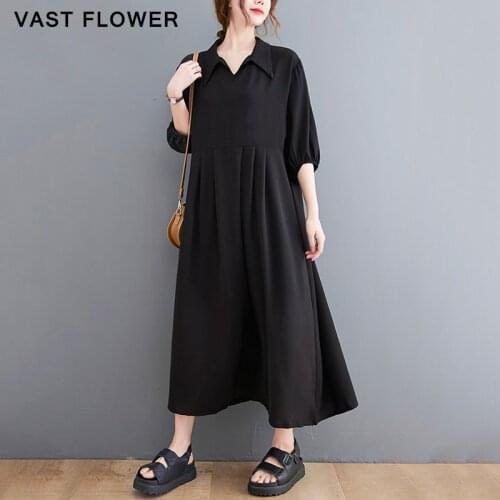 Black Vintage Summer Dress Women New Lapel Half Sleeve Loose Casual Elegant Long Ladies Dresses Fashion Elegant Clothes 2021