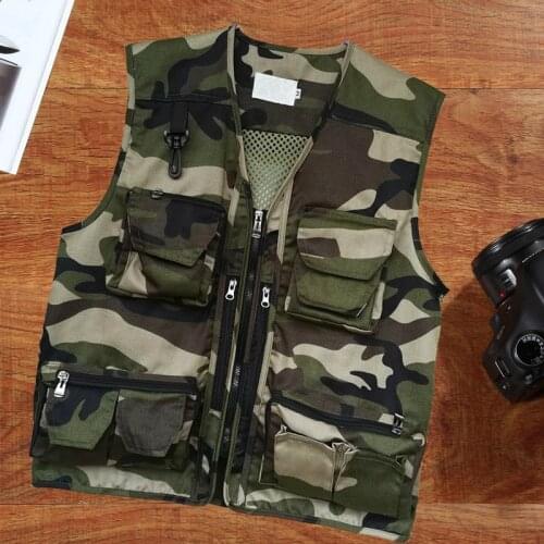 Men Outdoor Camo Hunting Fishing Vest Multi-pocket Mens Zip Up Sleeveless Coat Boys Tactical Camouflage Tool Vest Plus Size XXXL