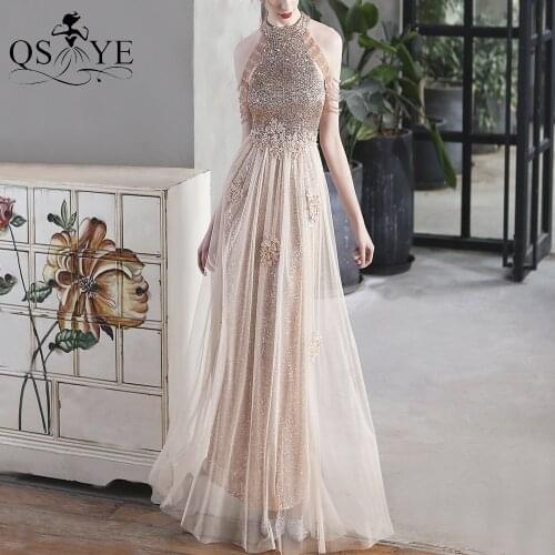 A line Gold Evening Dress Tulle Long Prom Gown Crystal Beading Straps Party Dress Sequin Halter Formal Gown Lace Women Dress