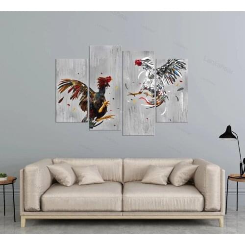 4 Panels Home Decor Poster Canvas Animal Wall Art Cock Fighting Picture Painting Rooster Art Print Rustic Chicken Room Decor