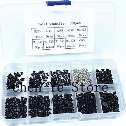 Free Shipping 500Pcs M2 M2.5 M3 Screw Flat Head Machine Screws Laptop Notebook Screws Set Kit computer small Black Bolts
