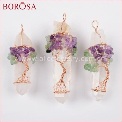BOROSA Design 10PCS CZ Micro Pave Freeform Purple Crystal Wire Wrap Crystal Quartz Stone Druzy Pendant Bead Gems for Women WX632