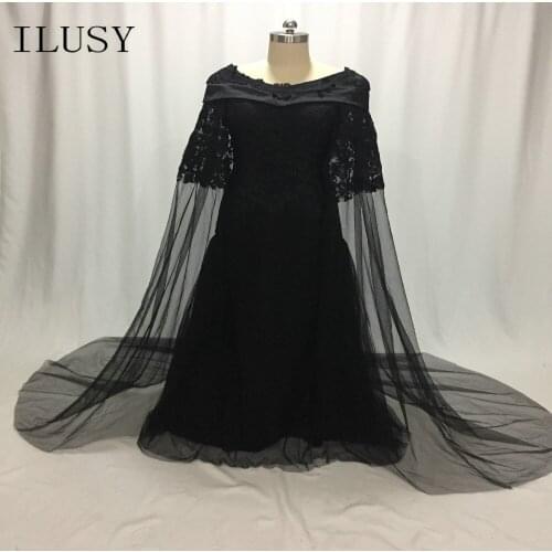 ILUSY Black Lace Evening Dresses With Cape a line Evening Gowns Illusion Vestidos De Fiesta Largos