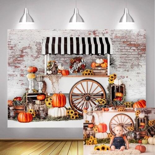 Autumn Neworn Little Pumpkin Portrait Backdrop Sunflowers Brick Wall Fall General Store Background Halloween Art Photocall