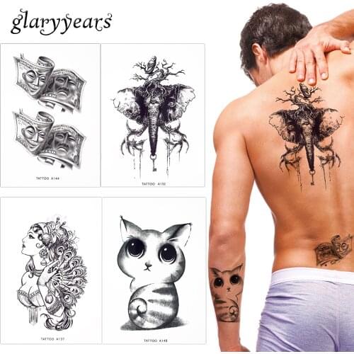 17 Designs 1 Sheet Fake Black Body Makeup Tattoo Temporary Waterproof Cute Cat Owl Tattoo Sticker for Women Men Arm Leg Art Gift