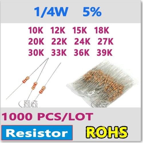 JASNPROSMA 1000PCS/LOT 5% 1/4W 10K 12K 15K 18K 20K 22K 24K 27K 30K 33K 36K 39K carbon film DIP OHM high quality New Resistor