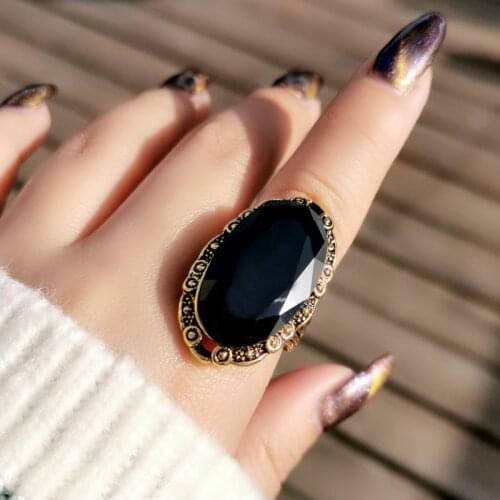 LEEKER Vintage Big Black Oval Stone Rings For Women Size 6 7 8 9 10 Antique Silver Color Jewelry Anel bijoux femme 516 K2
