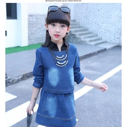 2PCS suit with necklace new childrens clothing girls fashion casual denim skirt big virgin child Direct kids clothes girls
