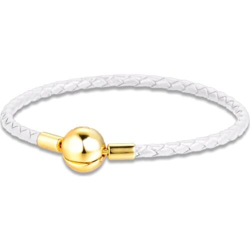 CKK Leather Bracelets for Women DIY Charms Jewelry Making Moments White Woven Leather Bracelet with Shine Round Clasp Pulseras