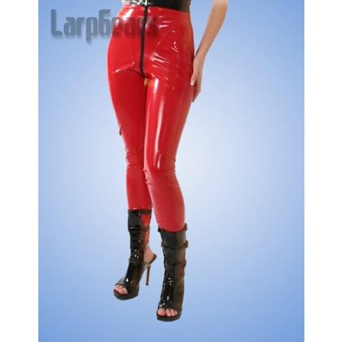 Handmade red latex leggings high waist rubber latex pants Bondage Leggings with Crotch Zipper