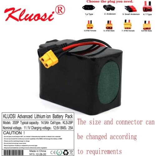 KLUOSI 12V 14.5Ah 15Ah 3S5P 12.6V Lithium Battery Pack with 25A BMS 250W High Capacity for Motor Scooter Solar Energy Light Etc