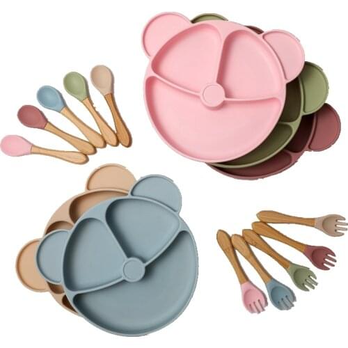 Baby Feeding Set BPA Free Baby Silicone Tableware Waterproof Solid Color Dinner Plate Sucker Bowl And Spoon Fork For Children