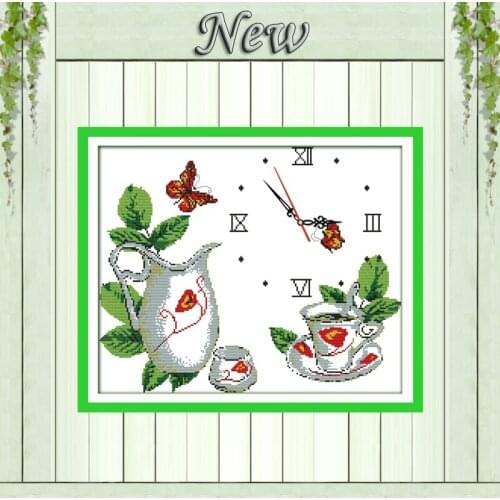 Low-key luxury coffee clock face paintings counted printed on canvas DMC 14CT 11CT Cross Stitch Needlework Sets Embroidery kits