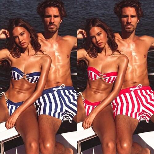 New Couple Swimwear Stripe Bandeau Push Up Bikini Set Womens Bandage Thong And Mens Swimming Trunk Beachwear Swimsuit