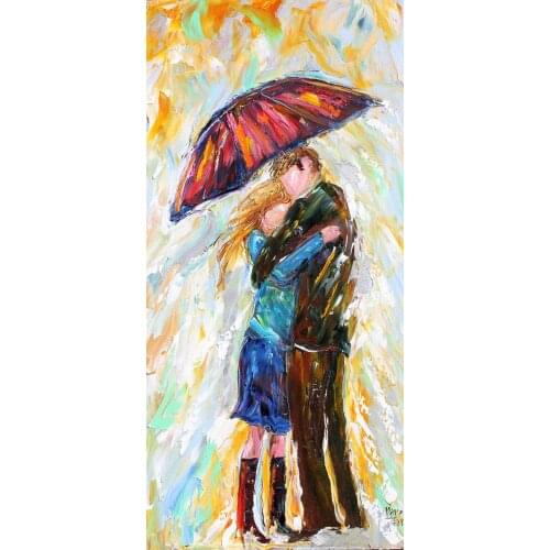 Original Abstract Figure Oil Painting Umbrella Rain Couple Modern Impressionism Palette Knife FIne Art by Karen Tarlton